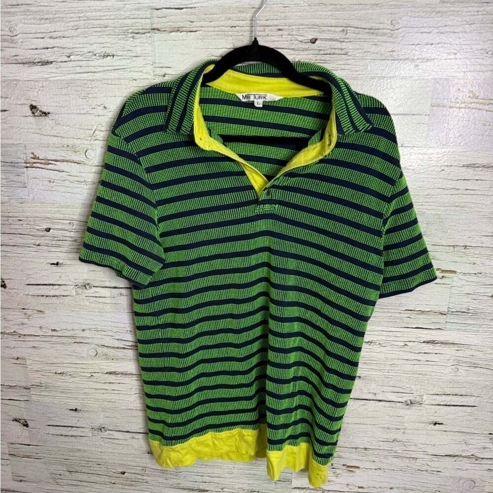 Mr Turk Shirt collar dress green blue striped yellow size large